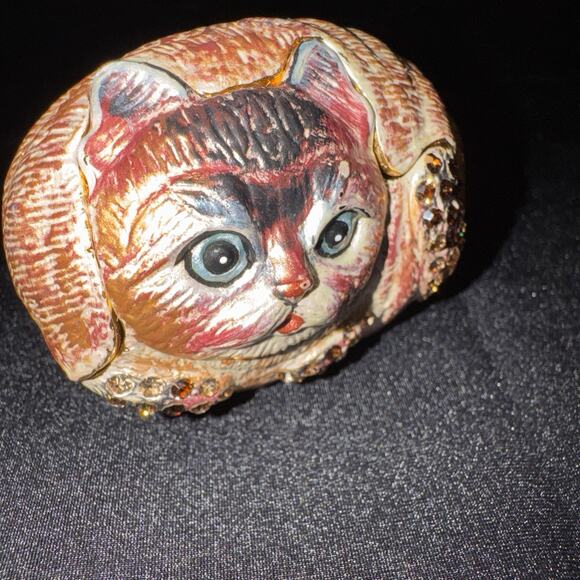 Enamel Metal Trinket Box of A Cat with Crystal Embelishment Vintage - Picture 2 of 11
